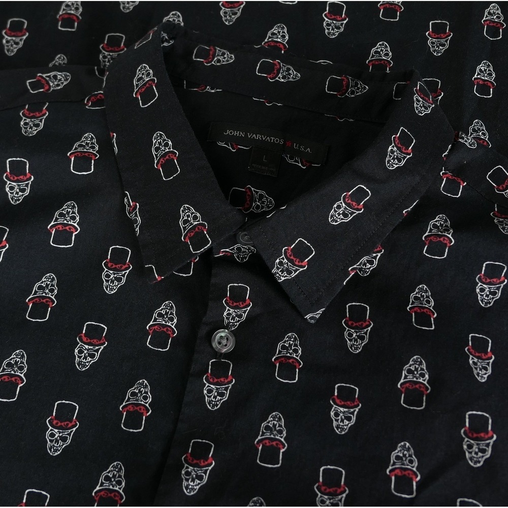 John Varvatos Button Down L Slash Skull Top Hat Print Mens S/S Shirt Rock & Roll - Picture 6 of 10